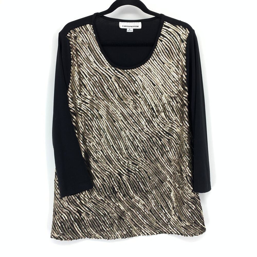 Caroline Rose Scoop Neck Sequin Front Stretch Top Womens Large Black Gold